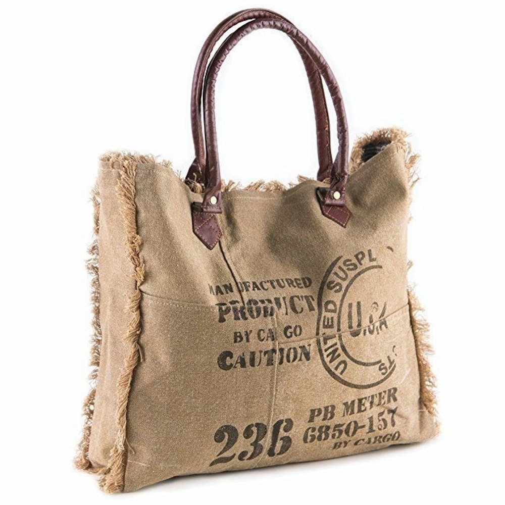 Mona B Upcycled Canvas Tote Bag‎ Military Stencil Vegan Leather Boho Shoulder